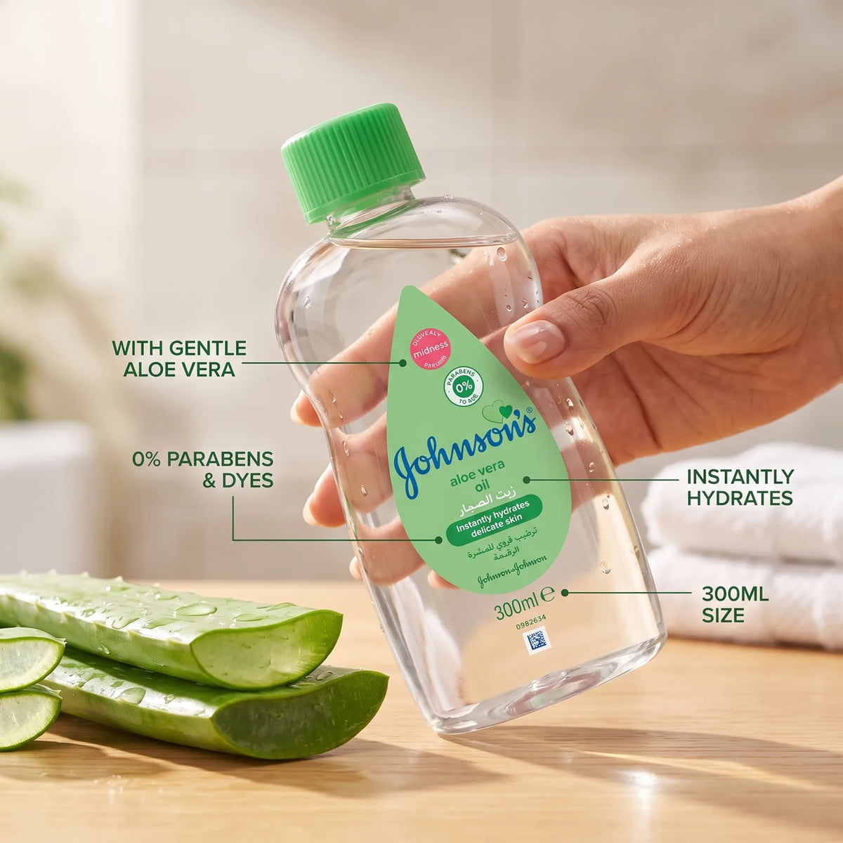 Johnson’s Aloe Vera Baby Oil 300ml – Paraben-Free, Dye-Free Oil for Delicate Skin