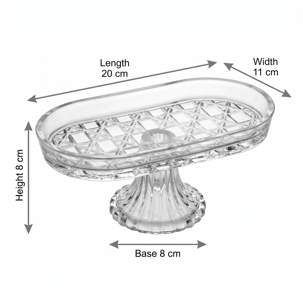 Clear Glass Oval Serving Stand – 20 × 11 × 8 cm | Diamond-Cut Pattern | Fluted Pedestal Base for Nuts and Chocolates