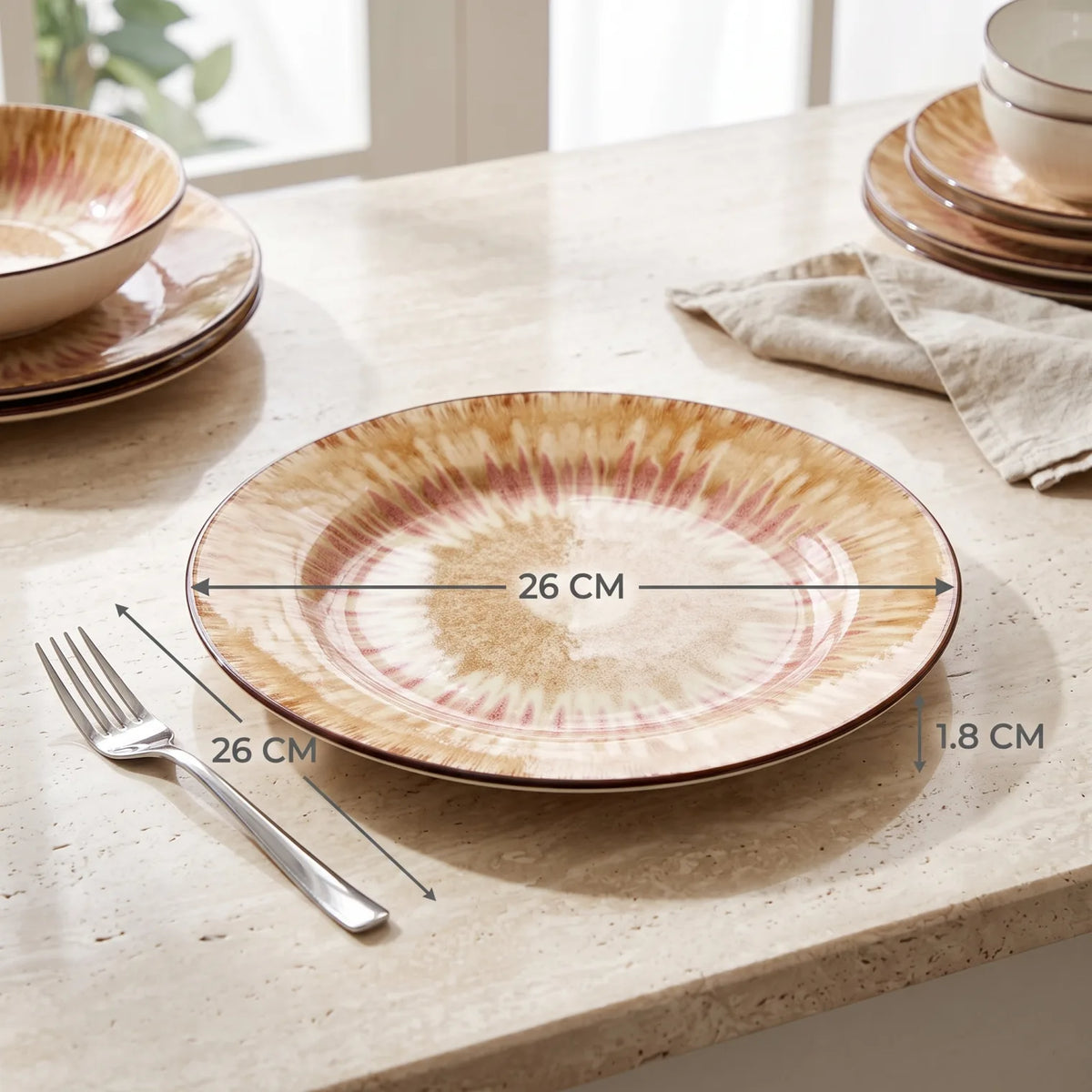 26 CM Porcelain Dinner Plate – Cream, Tan, Brown & Muted Red Sunburst Pattern, Glossy Finish and Dark Brown Rim for Dinner Table Settings