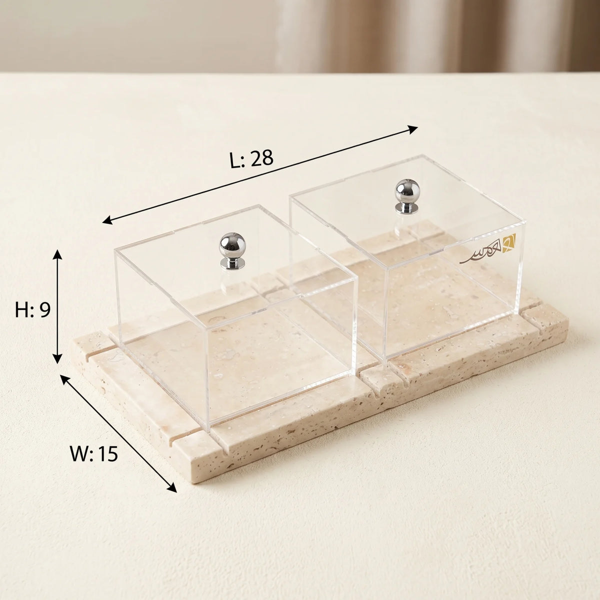Real Marble Stone Base with 2 Acrylic Jars – Clear Display and Storage Set | Height 9, Width 15, Length 28