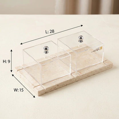 Real Marble Stone Base with 2 Acrylic Jars – Clear Display and Storage Set | Height 9, Width 15, Length 28
