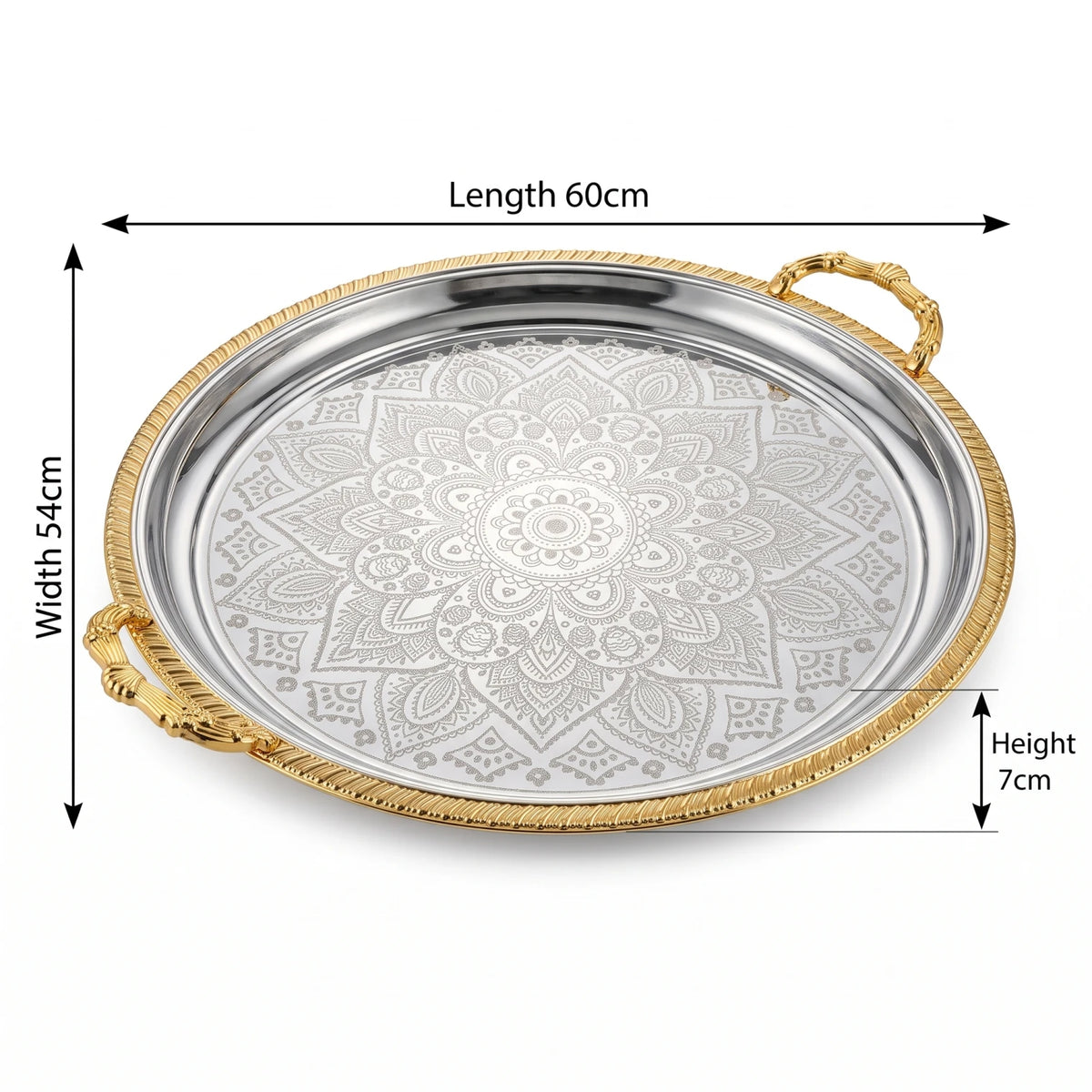 M.E.W Round Stainless Steel Serving Tray – Large & Extra Large | Mandala Floral Pattern | Decorative Handles | Silver, Gold & Silver - Gold - Silver - Gold / Large - Image 2