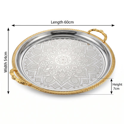 M.E.W Round Stainless Steel Serving Tray – Large & Extra Large | Mandala Floral Pattern | Decorative Handles | Silver, Gold & Silver - Gold - Silver - Gold / Large - Image 2