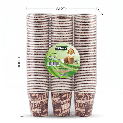 GC PACK 6.5 OZ Paper Cups, Pack of 150 | Printed Beverage Design for Coffee, Tea, Cappuccino and Everyday Drinks