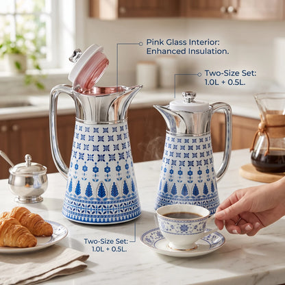 Regal 2 piece Blue-White patternd vacuum jug set – 0.5L + 1.0L | Leak Proof | Keeps Drinks Hot or Cold