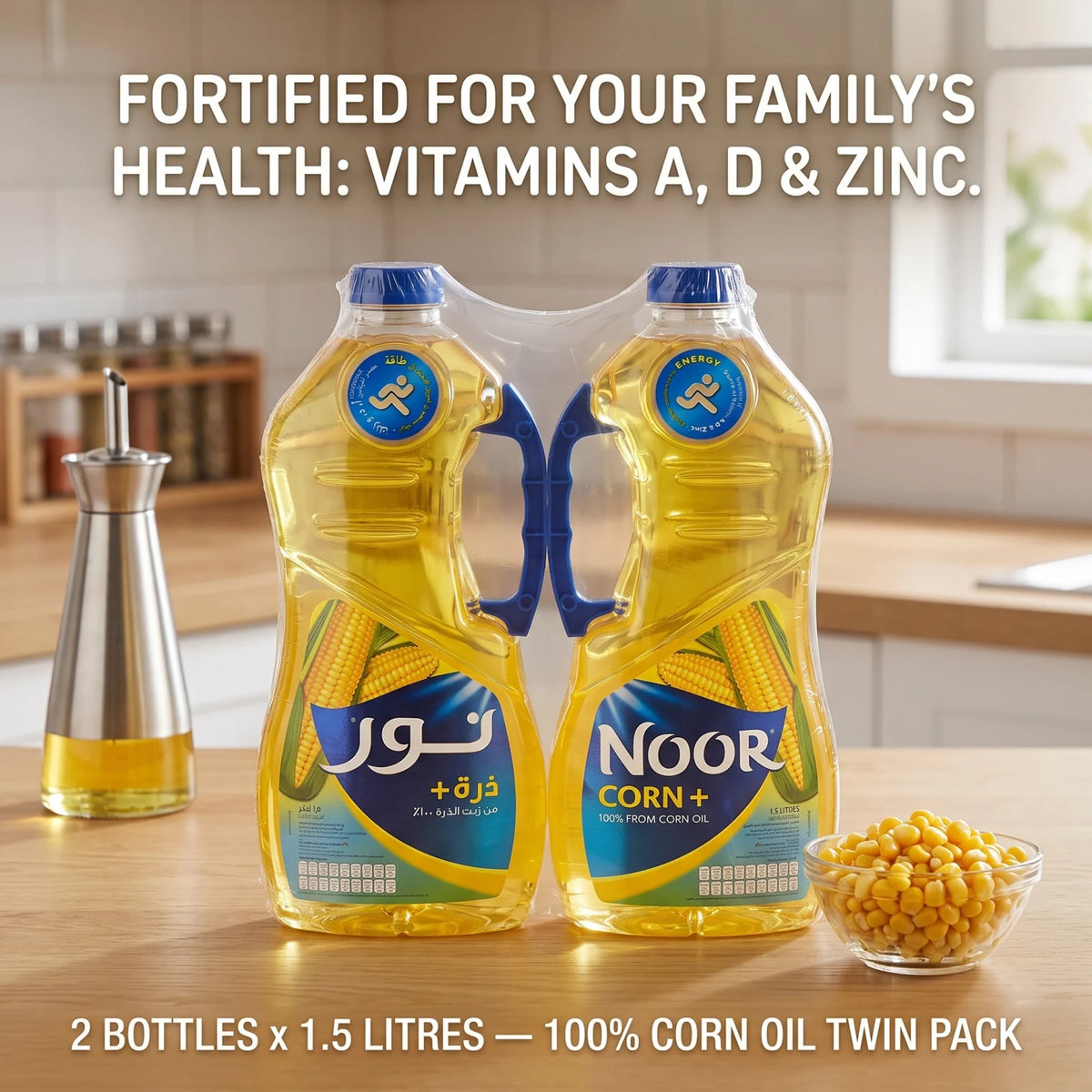 Noor CORN+ Corn Cooking Oil 2 x 1.5 L – 100% Corn Oil Twin Pack, Fortified with Vitamins A, D & Zinc