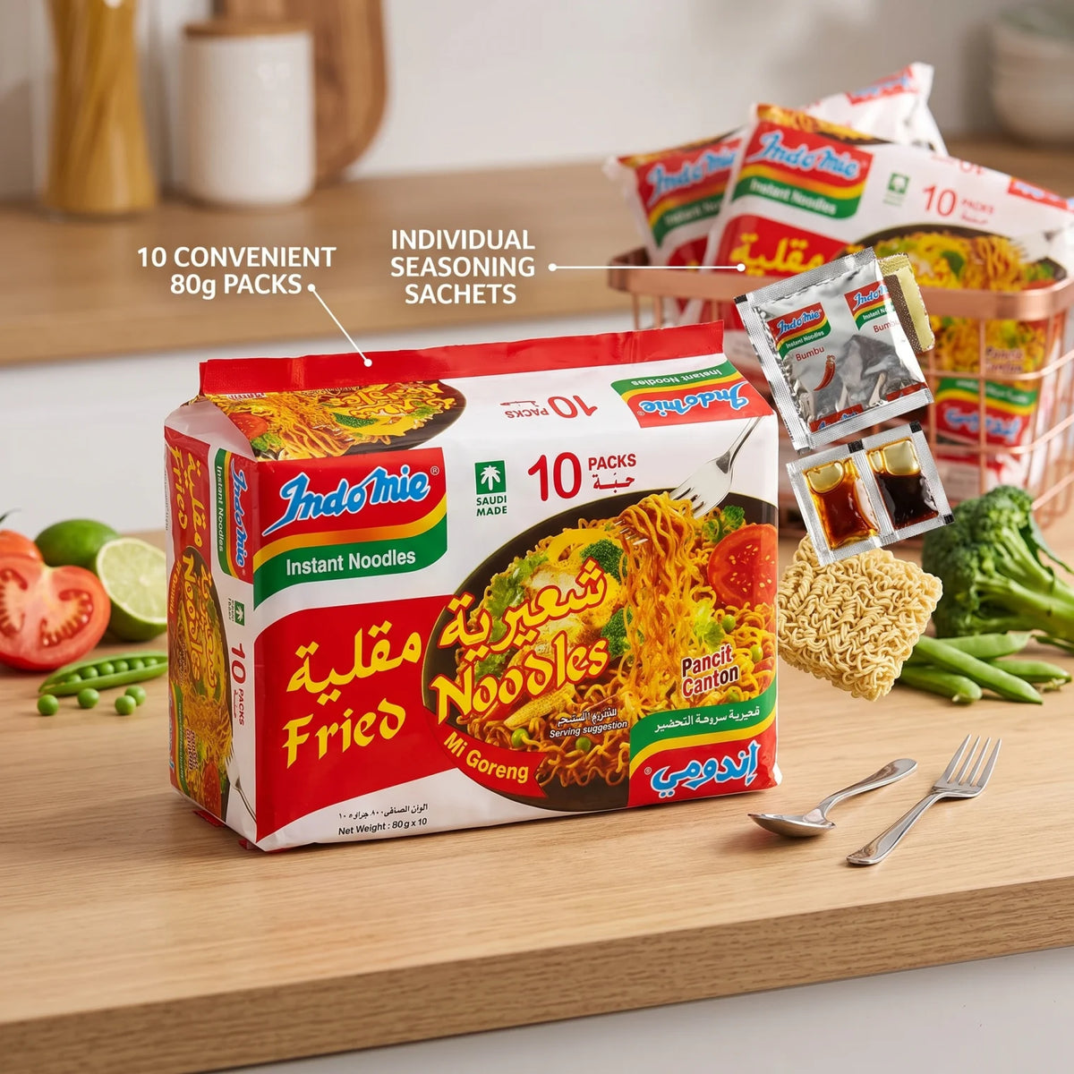 Indomie Mi Goreng Instant Noodles 80g x 10 Pack – Fried Pancit Canton Style | Saudi Made Noodle Packs for Home or Pantry