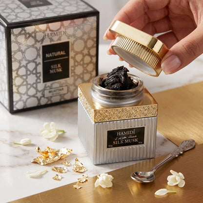HAMIDI SILK MUSK Natural Muattar – 50 grams | Silk Musk Fragrance Perfume with Ornate Silver and Gold Packaging