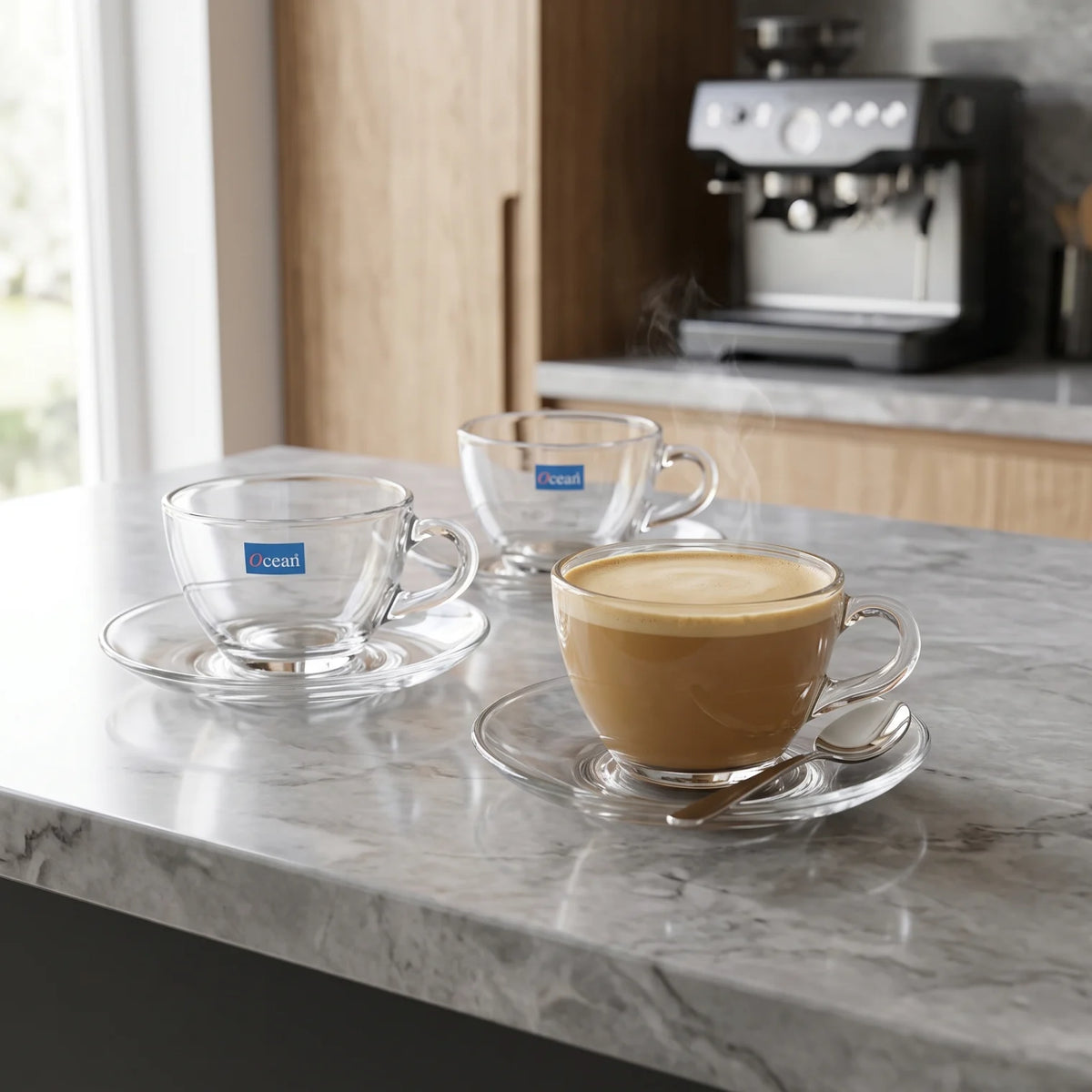 Ocean 3 Coffee Cups and Saucer Latte Set, 260 ML – Clear Glass Coffee Cups with Extra-Thick Design for Latte and Everyday Serving