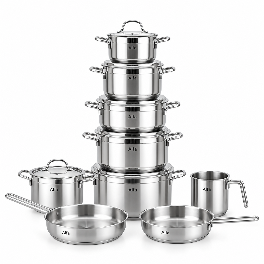 Alfa 15 Pieces Premium Stainless Steel Cookware Set – Induction Base, Silver Pots and Pans with 2.0–12L Capacities