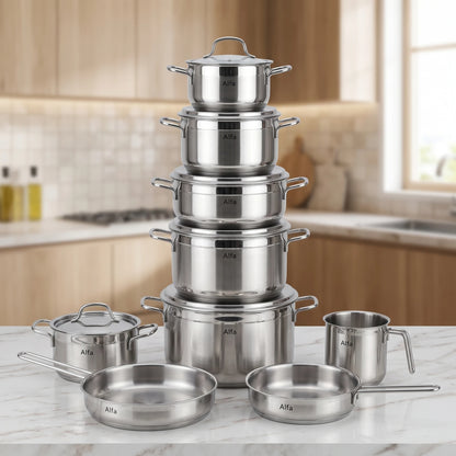 Alfa 15 Pieces Premium Stainless Steel Cookware Set – Induction Base, Silver Pots and Pans with 2.0–12L Capacities