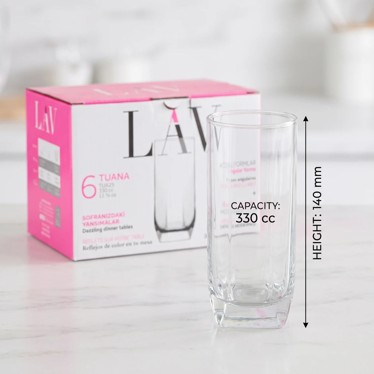 LAV 3 Pieces Glass Set – 330 cc Clear Glass Tumblers, 140 mm Tall, Angular Design, Dishwasher Safe Drinking Glasses Made in Turkey
