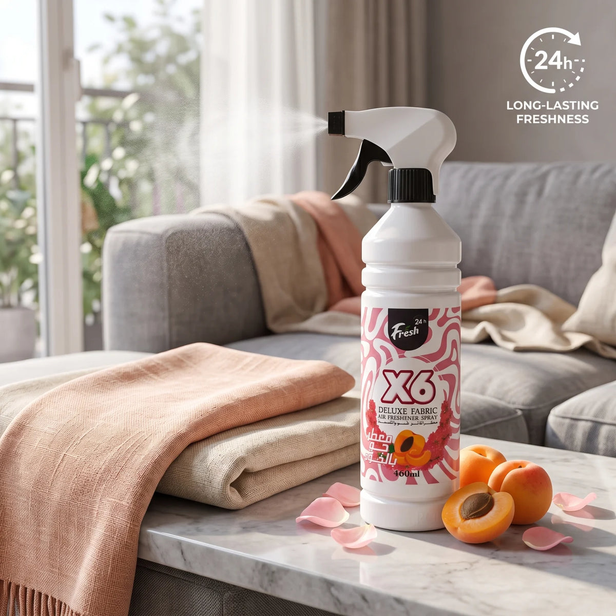 Fresh X6 Deluxe Fabric Air Freshener Spray – Peach Scent, 460ml | Spray Nozzle | 24 h Claim
