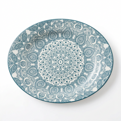 Che Brucia Oval porcelain plate – 30 CM or 35 CM | Green or Blue | Glossy Decorative Porcelain Serving Plate with Raised Rim and Ornamental Pattern