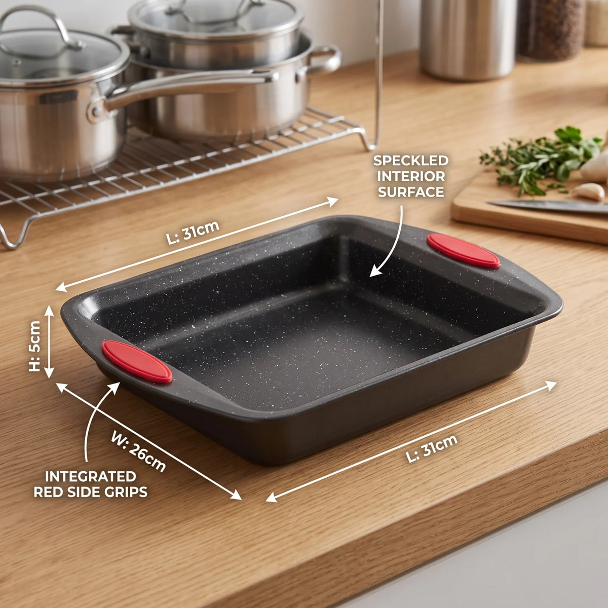 Rectangular Roasting & Baking Pan – Speckled Interior, Raised Sides, Rounded Corners and Red Side Grips