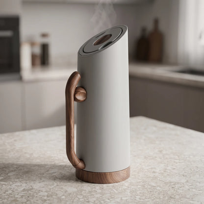 MAHRA Matte Grey vaccum flask 0.8 Liter – Wood Grain Handle and Base | Leak Proof Tea and Coffee Flask