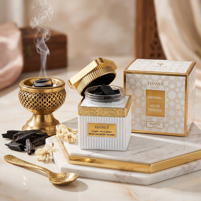HAMIDI MUSK TAHARA Muattar 50 grams – Musk Fragrance with Ornate Gold Cap, Ribbed White Bottle and Decorative Packaging