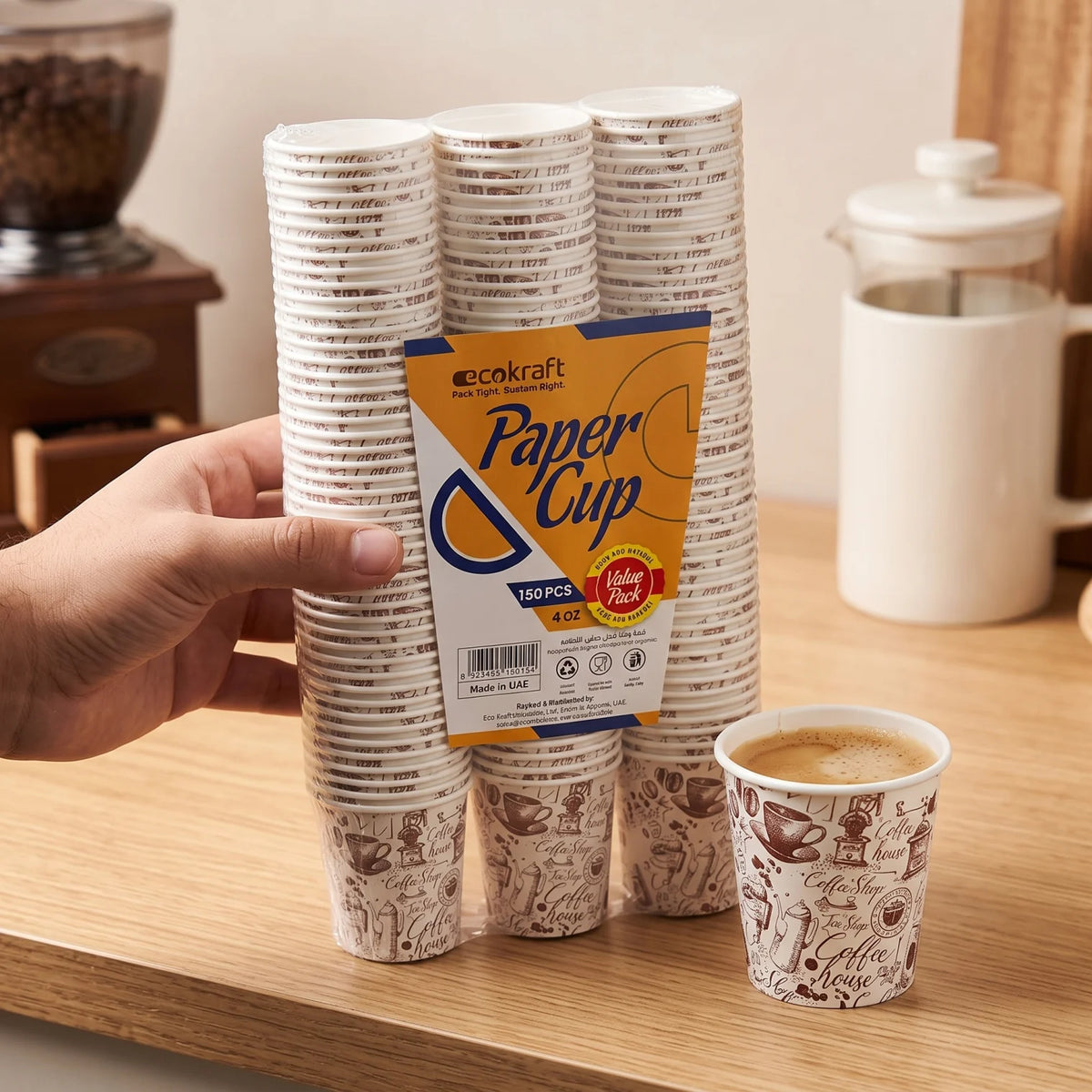 Eco Kraft Paper Cup 4 oz, 150-Piece Pack – Disposable Coffee Cups with Coffee House Design, White and Brown Printed Paper Cups