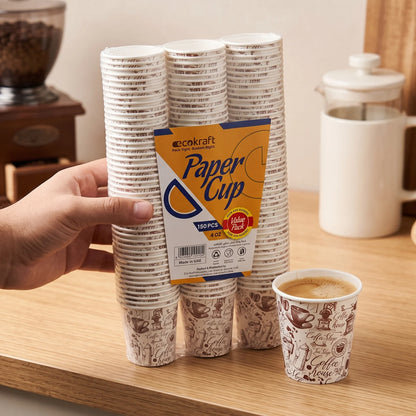 Eco Kraft Paper Cup 4 oz, 150-Piece Pack – Disposable Coffee Cups with Coffee House Design, White and Brown Printed Paper Cups