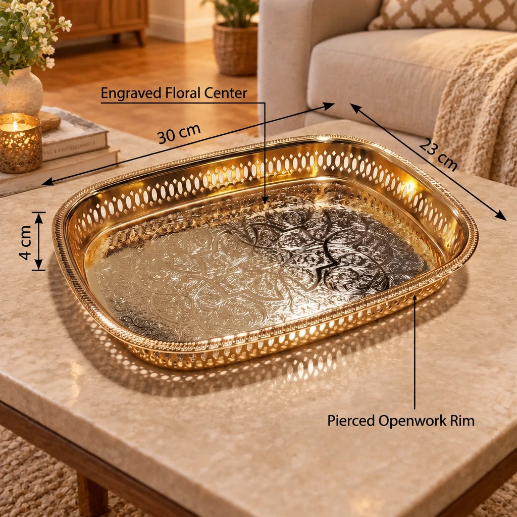 Najib Golden Rectangular Metal Serving Tray – 30 x 23 x 4 cm | Engraved Floral Center | Pierced Openwork Rim