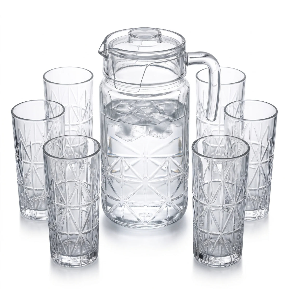 Happyware Drinkware Set – 1.8L Carafe with 6 x 360ml Glasses | Clear Geometric Pattern Water Jug and Glass Set, 7-Piece Serving Set