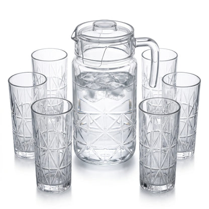 Happyware Drinkware Set – 1.8L Carafe with 6 x 360ml Glasses | Clear Geometric Pattern Water Jug and Glass Set, 7-Piece Serving Set