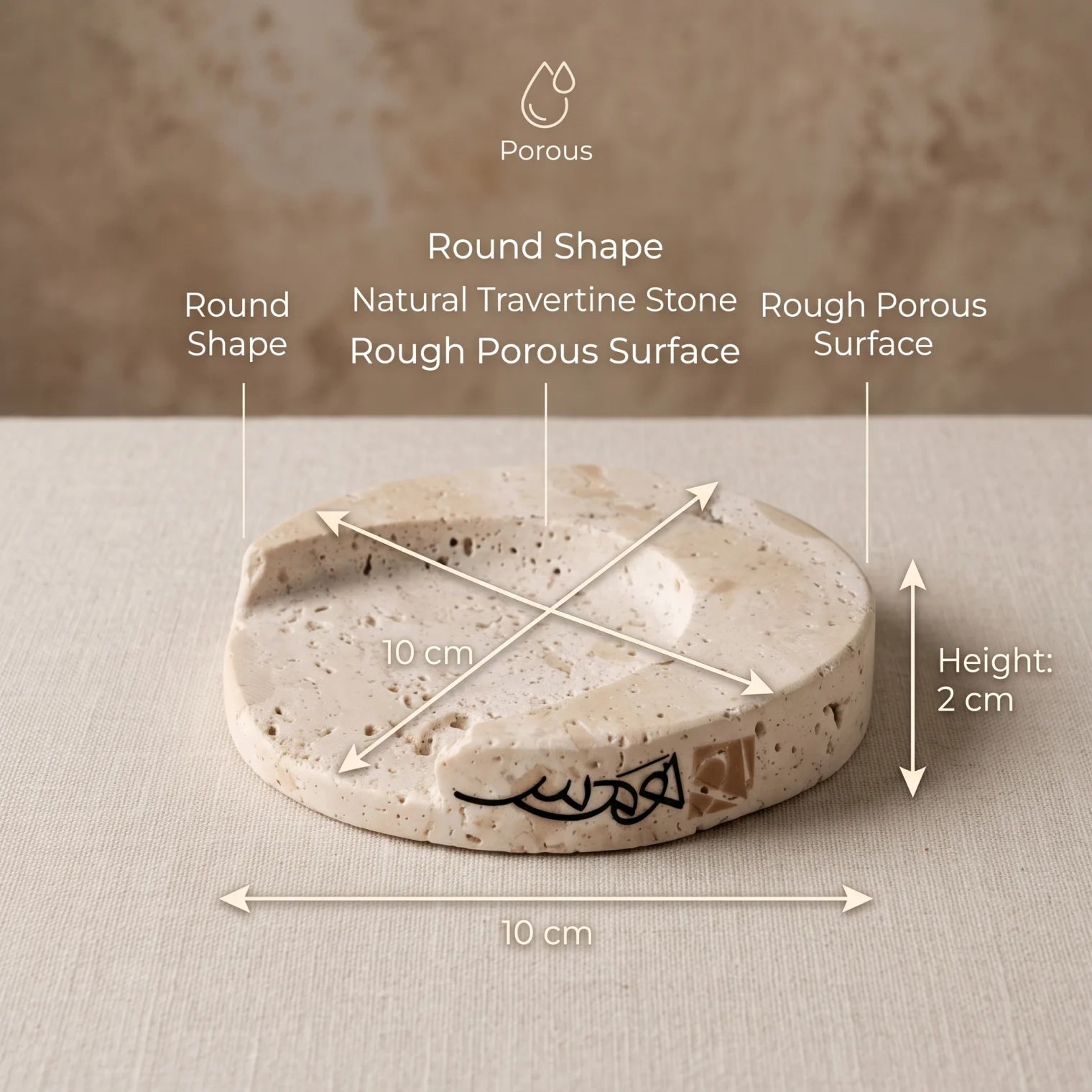 Natural Travertine Stone Hilal Coaster – 10 x 10 x 2 cm | Round Rough Porous Surface | Tabletop Drink Coaster