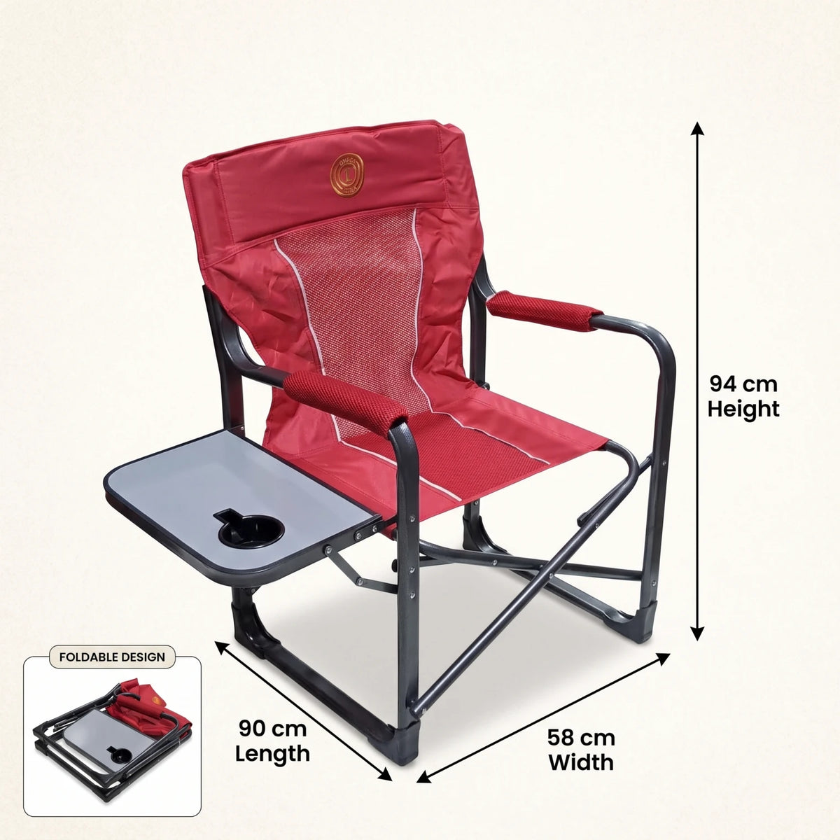 OMEGA KOREA 1 Heavy Duty Portable Director Camping Chair – Folding Outdoor Chair with Attached Side Table, Cup Holder & Mesh Backrest - Red - Image 2