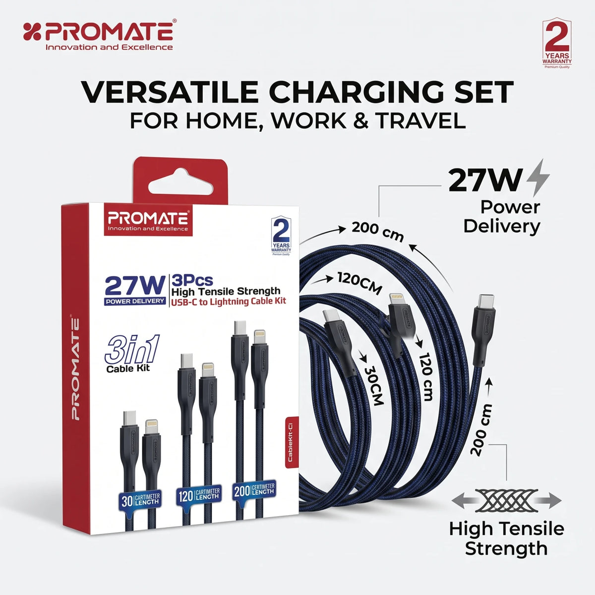 PROMATE CableKit-C USB-C to Lightning Cable Kit – 3 Pcs, 30cm, 120cm & 200cm | 27W Power Delivery | High Tensile Strength