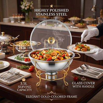 Chafing Dish Food Warmer 3.5L – Highly Polished Stainless Steel Buffet Server with Glass Cover, Handle and Gold-Colored Frame for Buffet Service