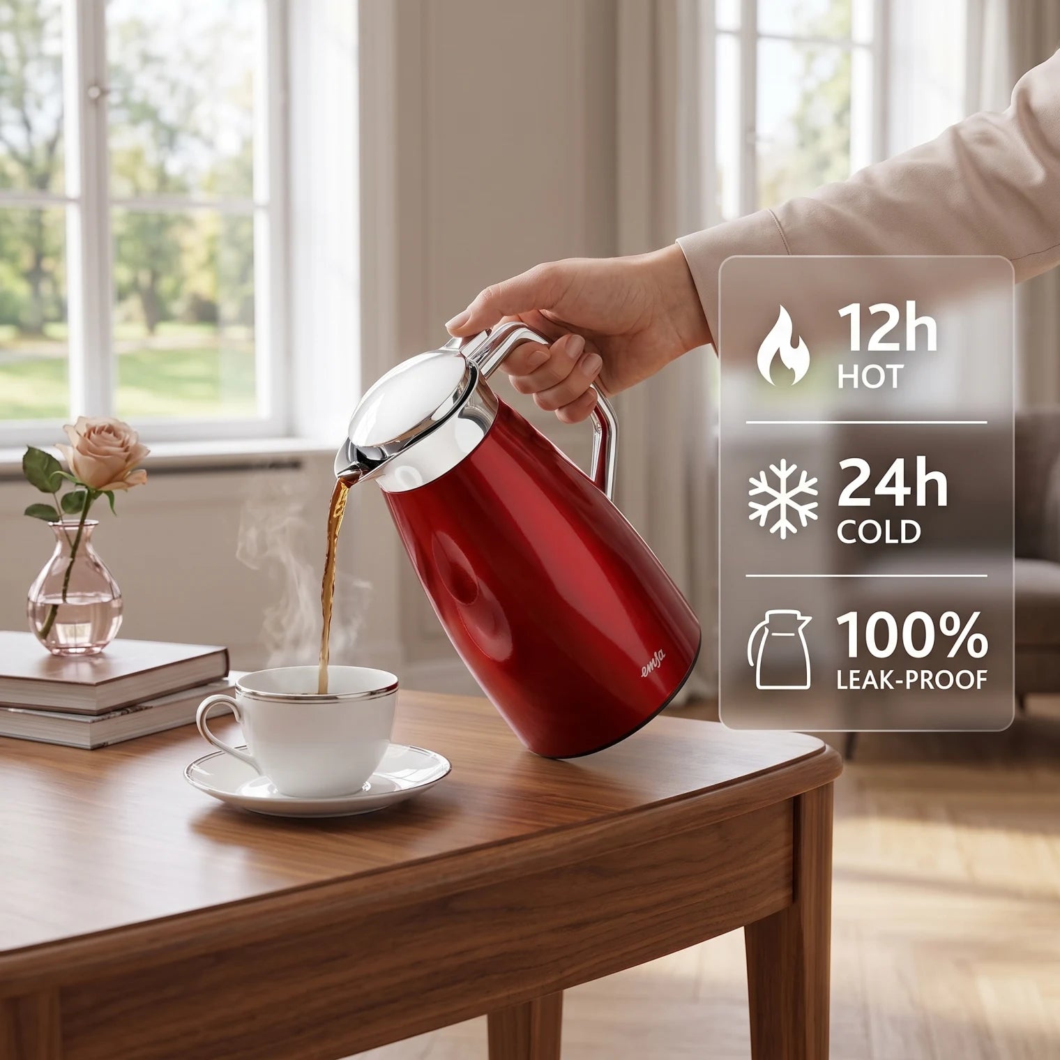 Emsa Plaza Vacuum flask (Aroma Diamond) 1 Litre – Red Handled Design | Leak Proof | Keeps Drinks Hot or Cold
