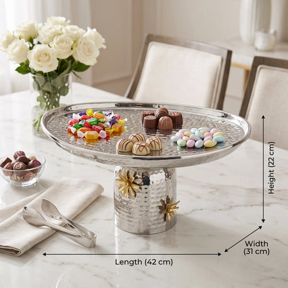 Silver Metal Oval Plate with Flower Detailed Base (Large) – Pedestal Tray for Sweets and Candies