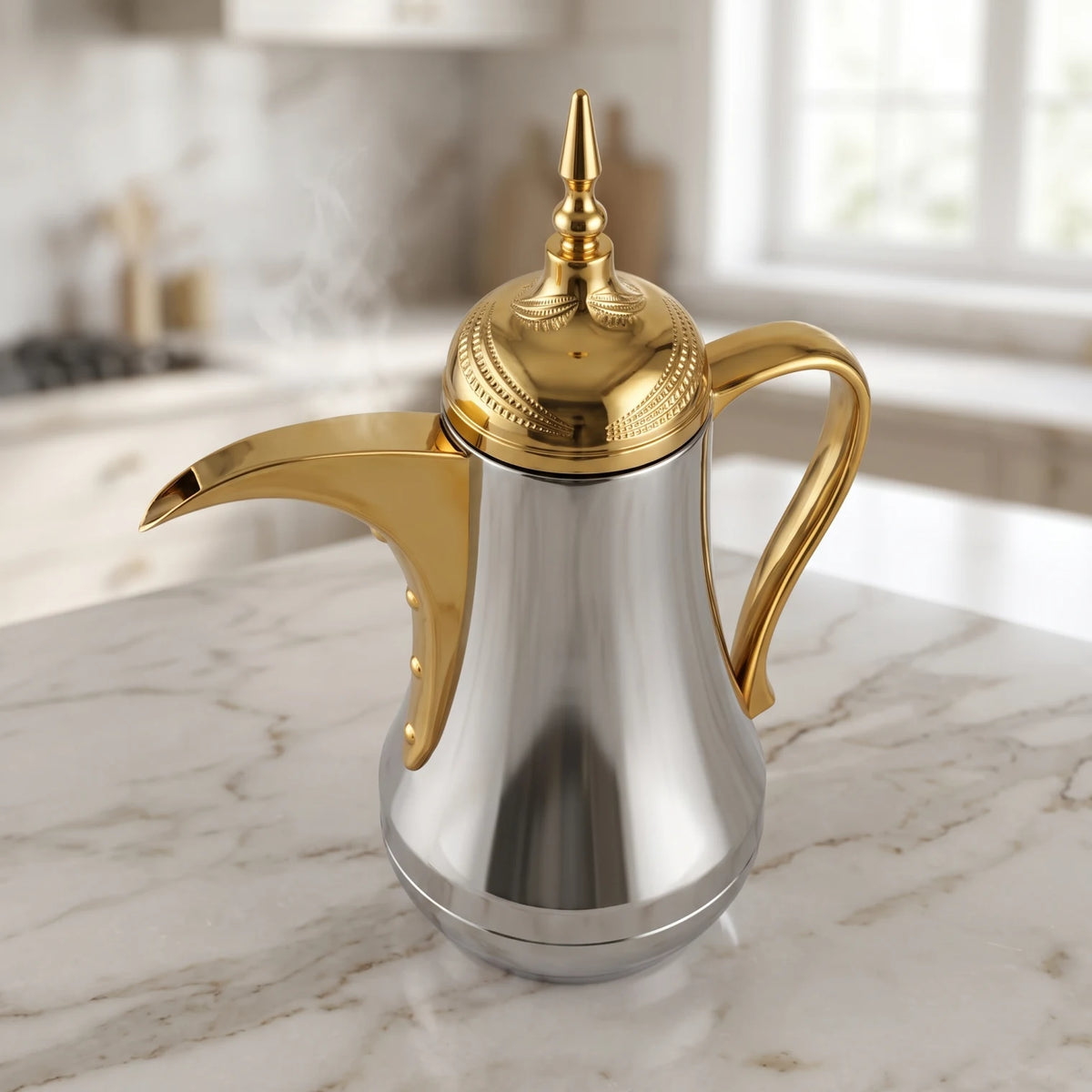 Ansa Stainless Steel Arabic Vaccum Flask – 0.65 L | 12-Hour Hot, 24-Hour Cold | Leak Proof | Pink Glass Interior | Tea & Coffee - Gold - Silver - Image 2