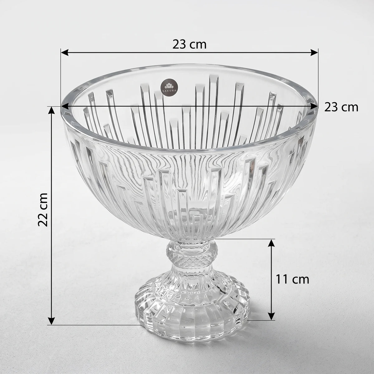 SAKURA Crystal Glass Footed Decorative Serving Bowl – 22 cm High x 23 cm Wide | Ribbed Design for Fruits, Desserts and Trifle