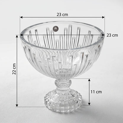 SAKURA Crystal Glass Footed Decorative Serving Bowl – 22 cm High x 23 cm Wide | Ribbed Design for Fruits, Desserts and Trifle
