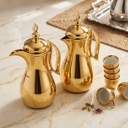 Pilsco 2-Piece Plain Shiny Gold Decorative Vacuum Flask Set, Arabic Design – 1.0L + 1.0L | Stainless Steel, Leak Proof