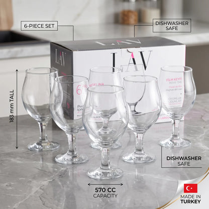LAV 6 Pieces Set – 570 CC Clear Stemmed Wine Glasses, 183 mm Tall, Dishwasher Safe, Rounded Bowl Design, Made in Turkey