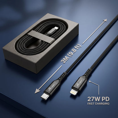 MP BILBERRI Type C - Lightning PD CABLE BLB-U335 – 3M Black Braided 27W Fast Charging Cable with Smart Chip Protection for Devices