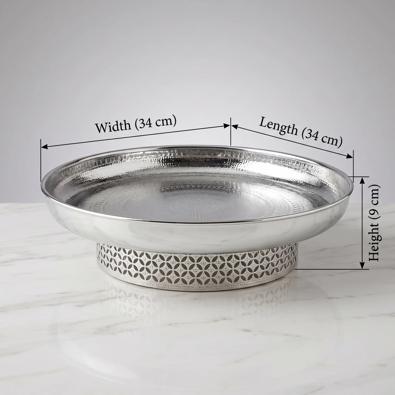 Silver-Toned Metal Serving Tray with Decorative Cutout Pedestal Base – 34 x 34 x 9 cm Raised Fruit and Nut Display Platter