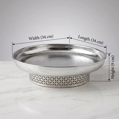 Silver-Toned Metal Serving Tray with Decorative Cutout Pedestal Base – 34 x 34 x 9 cm Raised Fruit and Nut Display Platter