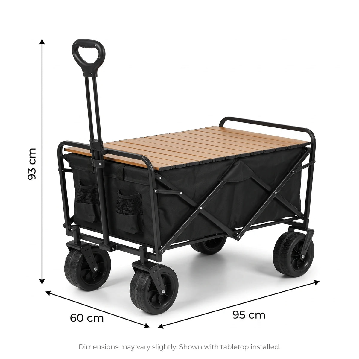 Collapsible Heavy-Duty Outdoor Utility Wagon – 93 x 60 x 95cm | Removable Wooden Tabletop, Four Wheels and Folding Frame for Camping