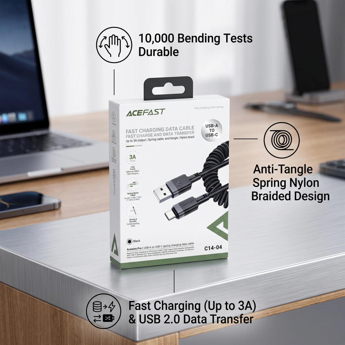 ACEFAST Acewire Pro C14-04 USB-A to USB-C Cable – Black | Up to 3A Fast Charging | USB 2.0 Data Transfer | Spring Nylon Anti-Tangle Design