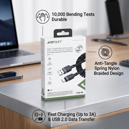 ACEFAST Acewire Pro C14-04 USB-A to USB-C Cable – Black | Up to 3A Fast Charging | USB 2.0 Data Transfer | Spring Nylon Anti-Tangle Design