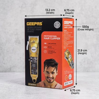 GEEPAS Professional Digital Hair Clipper GTR57504 – Gold | USB Charging, LCD Battery Display, Oil Reminder & Professional Motor