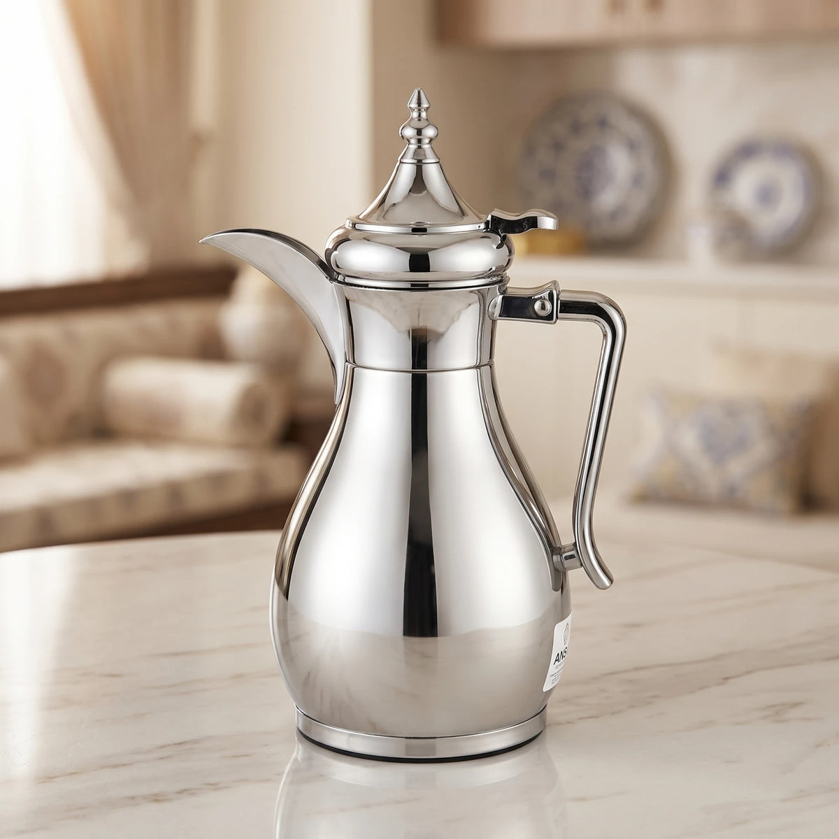 Ansa Traditional Arabic Stainless Steel Vacuum Flask – 0.35 or 0.6 Liters | Pink Glass Interior | Leak Proof Tea and Coffee Server - Plain Silver / 0.6 Liters - Image 2