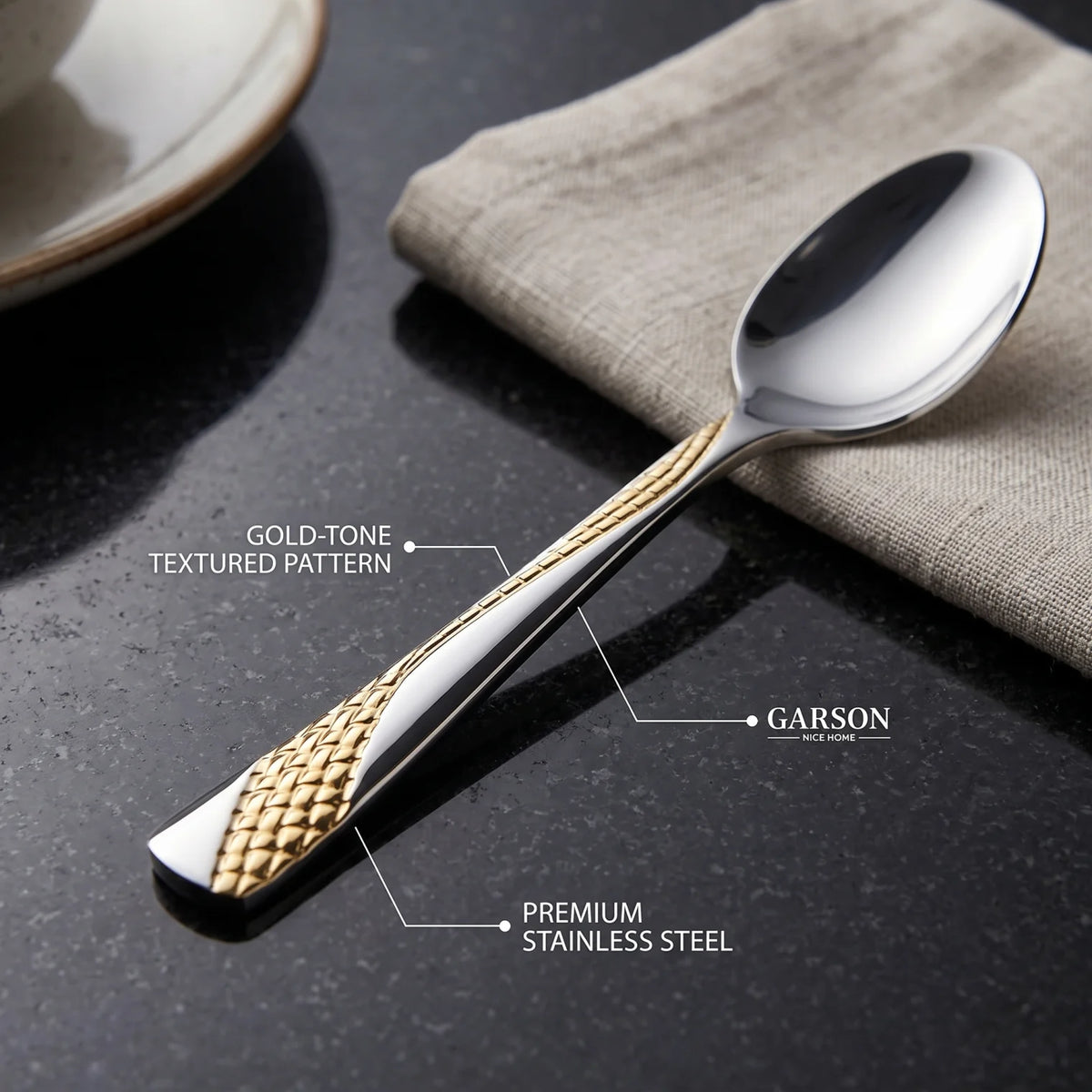GARSON NICE HOME Stainless Steel Spoon – Patterned Handle | Black, Silver and Gold Tableware for Everyday Dining
