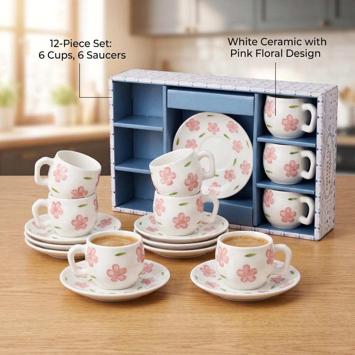 12-Piece Ceramic Coffee Cup and Saucer Set – 6 Cups and 6 Saucers | White Floral Design with Pink Flowers and Green Leaves