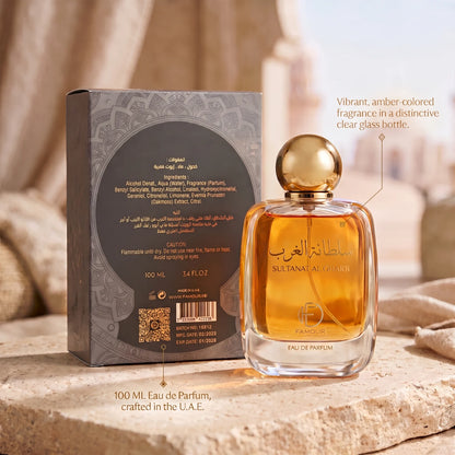 FAMOUR SULTANAT AL GHARB Eau de Parfum – 100 ML Amber-Colored Fragrance, Clear Glass Bottle, Gold-Colored Cap, Arabic and English Labeling