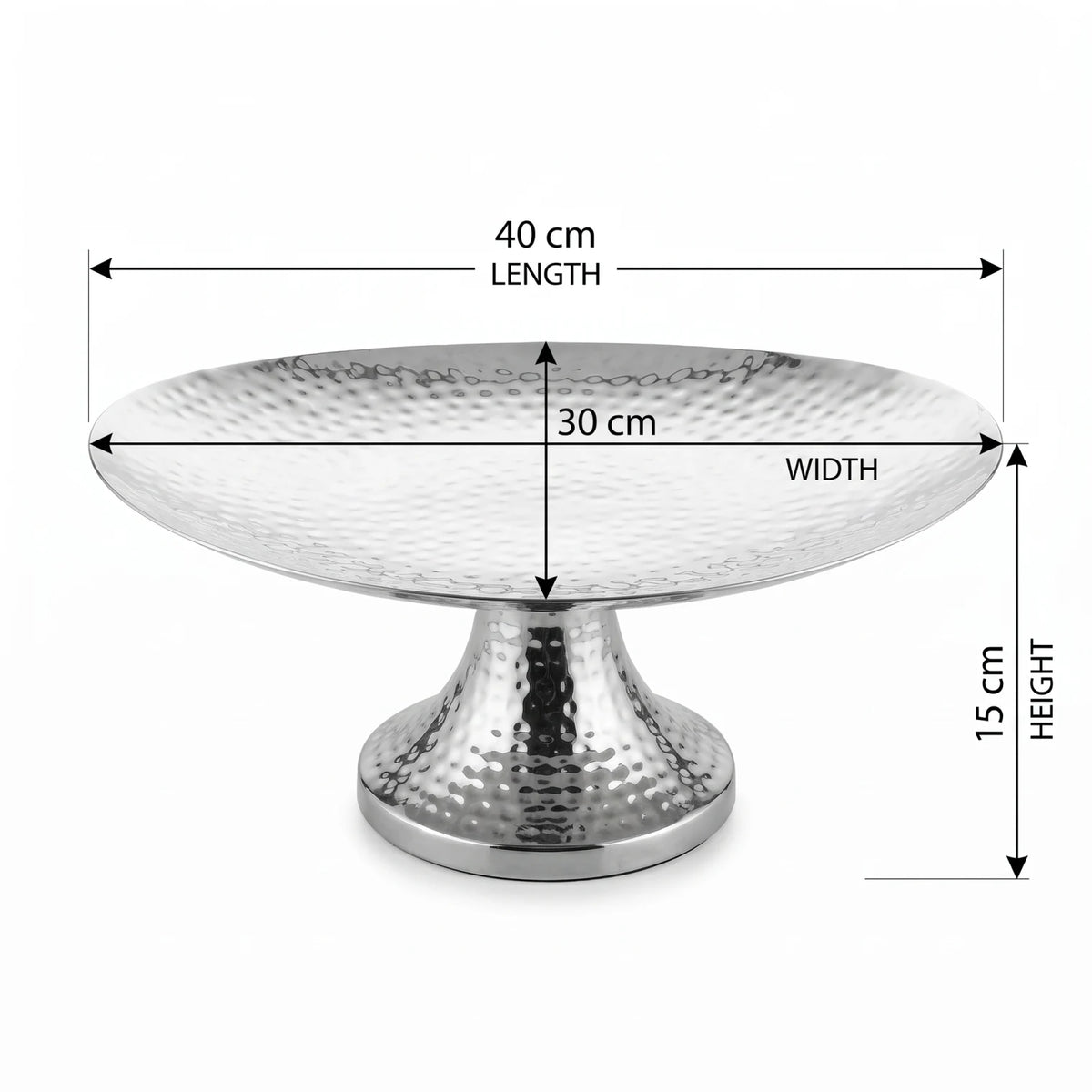 Stainless Steel Serving Plate 40 x 30 x 15 cm – Elevated Hammered Silver Platter for Cakes, Desserts and Table Serving