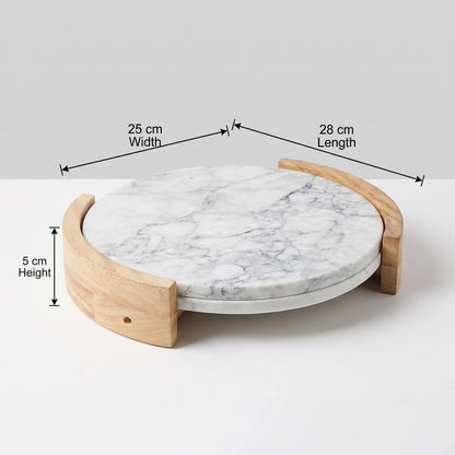 Round Marble Serving Tray with Wood Stand – 25 × 28 × 5 cm Elevated Display and Serving Tray